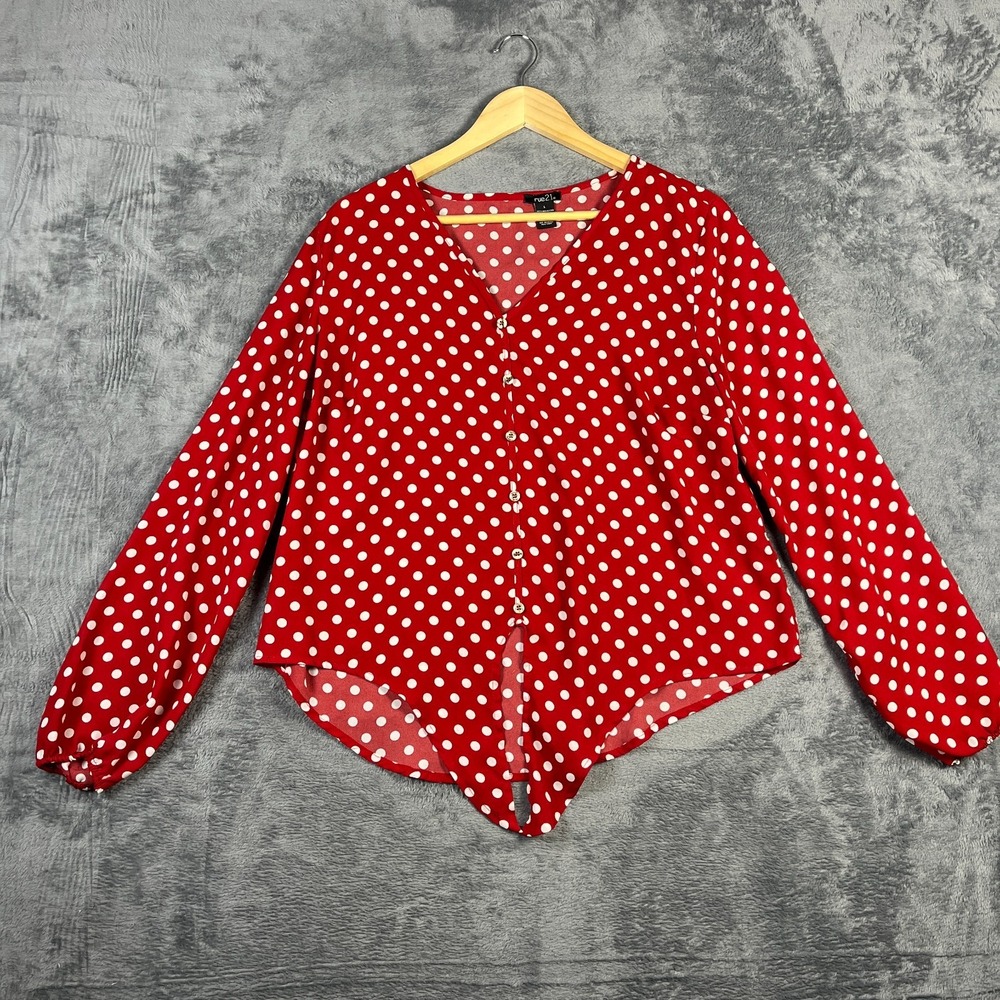 Rue21 Blouse Womens Large Red White Polka Dot Knotted Hem Curved Button Front